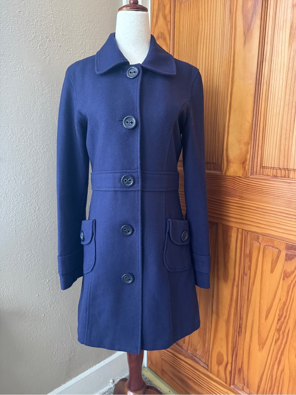 Navy Wool-Blend Button Front Coat - Women